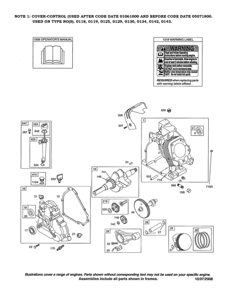 Cylinder/Crankcase/Crankshaft Diagram and Parts List for 204412-0163-01  Briggs and Stratton Engine